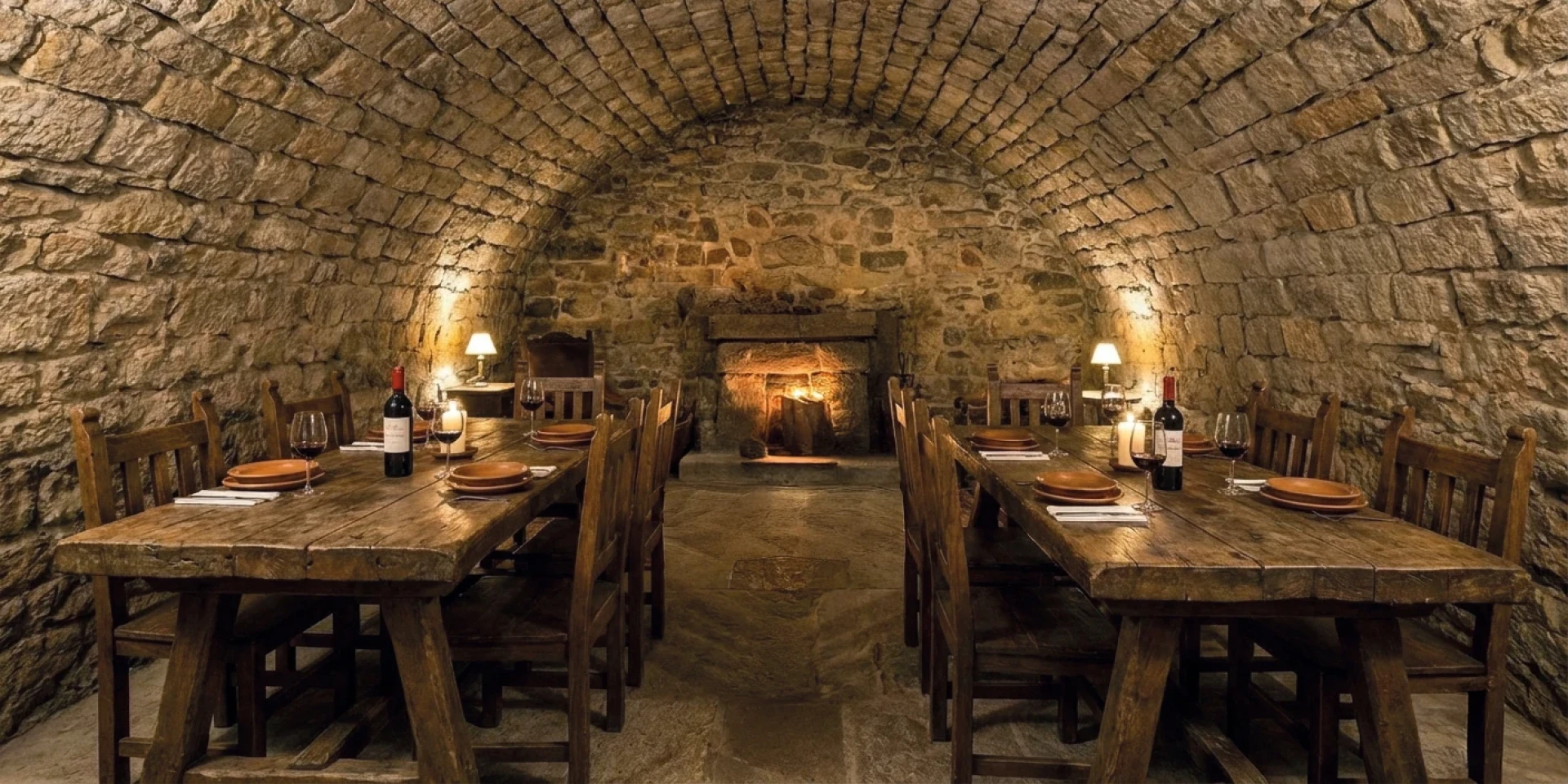 Rustikaler Gew&ouml;lbekeller aus grobem Naturstein mit zwei langen Holztischen und je sechs Holzst&uuml;hlen pro Seite. Auf den Tischen braune Teller, wei&szlig;e Stoffservietten, Weingl&auml;ser mit rotem Wein, zwei Weinflaschen und Kerzen. Seitlich zwei kleine Tischlampen mit warmem Licht. Am Ende des Raums steinerner Kamin mit glimmendem Feuer, Boden aus Steinplatten, Perspektive zentral auf den Kamin ausgerichtet.