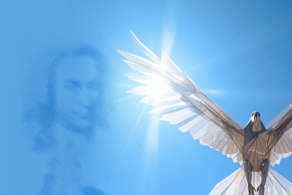 Die Darstellung des Himmels mit dem Abbild von Bach. Daneben erhebt sich in den Sonnenstrahlen ein Vogel zum Flug.