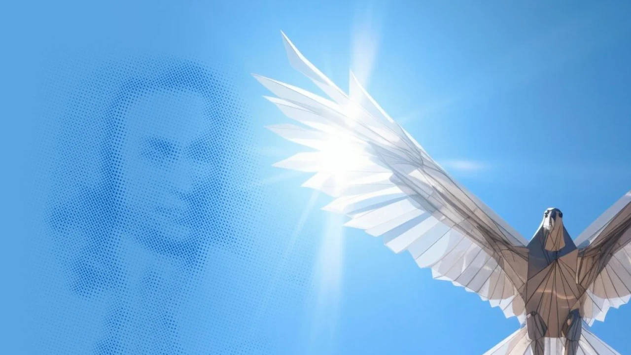 Die Darstellung des Himmels mit dem Abbild von Bach. Daneben erhebt sich in den Sonnenstrahlen ein Vogel zum Flug.